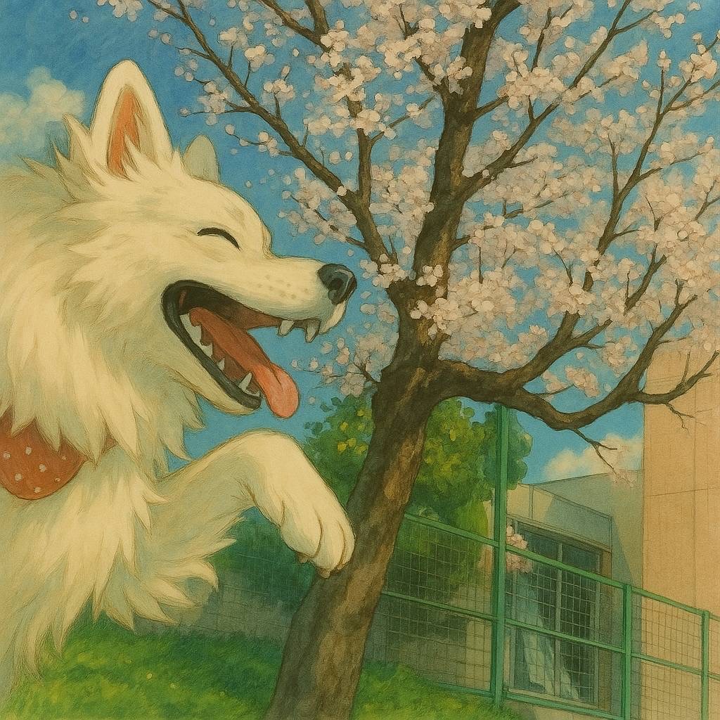 桜と白い犬のイラスト